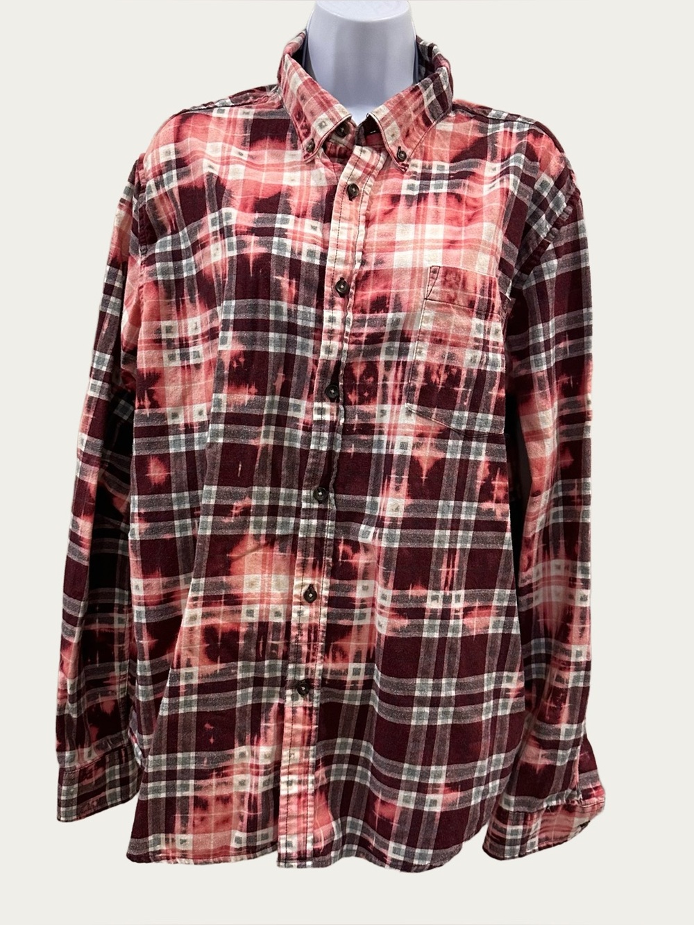 Goodfellow & Co Red Plaid Bleached / Distressed Flannel Long Sleeve Shirt Lrg